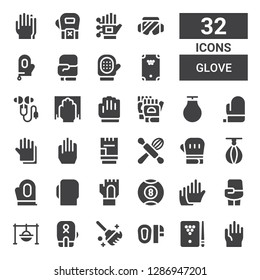 glove icon set. Collection of 32 filled glove icons included Gloves, Billiard, Mittens, Clean, Boxing, Cooking, Boxing gloves, Punching ball, Glove, Mitt, Cleaning, Ear protection