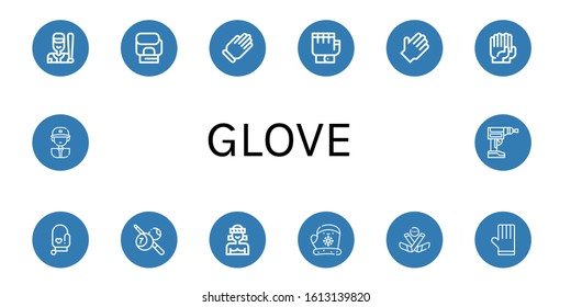 Glove Icon Set. Collection Of Baseball, Boxing Gloves, Glove, Gloves, Rubber Gloves, Oven Mitt, Billiard, Muay Thai, Ice Hockey, Baseball Player, Driller Icons