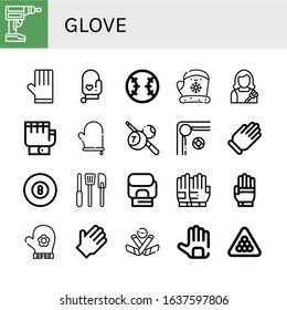 Glove Icon Set. Collection Of Driller, Gloves, Oven Mitt, Baseball, Housekeeper, Billiard, Glove, Kitchen Tools, Boxing Gloves, Hand Glove, Rubber Gloves, Ice Hockey Icons