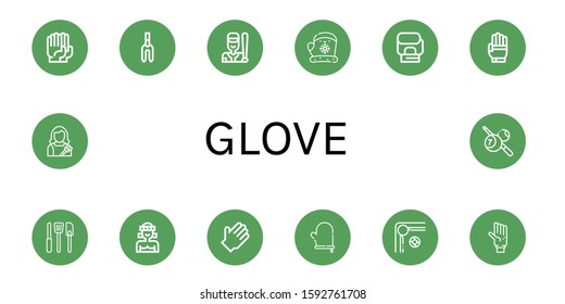 Glove Icon Set. Collection Of Gloves, Weeder, Baseball, Boxing Gloves, Glove, Kitchen Tools, Muay Thai, Rubber Gloves, Oven Mitt, Billiard, Housekeeper Icons