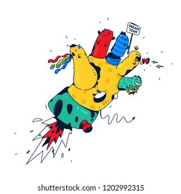 Glove illustration. Vector. Surrealistic hand with fingers characters. Rocket in the form of a hand, a symbol of the chief and managers. Illustration for poster, banner and t-shirt. Image Team Dreams.