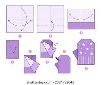 Glove origami scheme tutorial moving model. Origami for kids. Step by step how to make a cute origami glove. Vector illustration.