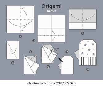 Glove origami scheme tutorial moving model. Origami for kids. Step by step how to make a cute origami glove. Vector illustration.