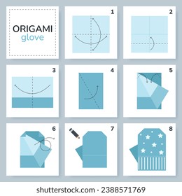 Modelo de movimiento de tutorial de esquema de origami de guantes. Origami para los niños. Paso a paso cómo hacer un lindo guante de origami. Ilustración vectorial.