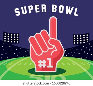 Glove over field design, Super bowl american football sport hobby competition game training equipment tournement and play theme Vector illustration