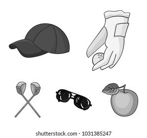 A glove for playing golf with a ball, a red cap, sunglasses, two clubs. Golf Club set collection icons in monochrome style vector symbol stock illustration web.