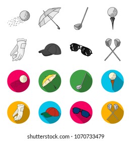 A Glove For Playing Golf With A Ball, A Red Cap, Sunglasses, Two Clubs. Golf Club Set Collection Icons In Monochrome,flat Style Vector Symbol Stock Illustration Web.