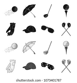 A glove for playing golf with a ball, a red cap, sunglasses, two clubs. Golf Club set collection icons in black,monochrome style vector symbol stock illustration web.