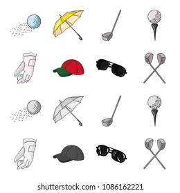 A glove for playing golf with a ball, a red cap, sunglasses, two clubs. Golf Club set collection icons in cartoon,monochrome style vector symbol stock illustration web.
