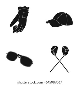 A glove for playing golf with a ball, a red cap, sunglasses, two clubs. Golf Club set collection icons in black style vector symbol stock illustration web.