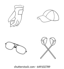 A glove for playing golf with a ball, a red cap, sunglasses, two clubs. Golf Club set collection icons in outline style vector symbol stock illustration web.