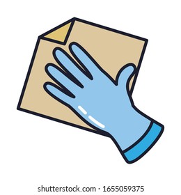 glove with rag line and fill style icon design, Cleaning service wash home hygiene equipment domestic interior housework and housekeeping theme Vector illustration