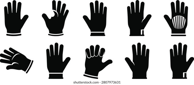 Glove silhouette vector set, handwear icon collection, protective gear design, fashion and safety concept, minimal black and white art illustration