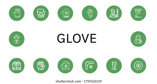 glove simple icons set. Contains such icons as Gloves, Boxing gloves, Hand glove, Glove, Billiard, Punching ball, Cleaning brush, Baseball player, can be used for web, mobile and logo