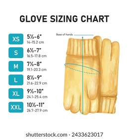 Glove size guide with measurements and watercolor gloves illustration.