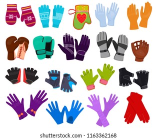 Glove vector woolen xmas mittens and protective pair of gloves illustration set of boxxing-gloves or knitted mitts clothes for hand fingers isolated on white background