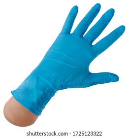 Glove viewing nitrile on a hand. Individual protection against bacteria, viruses and various organic and chemical pollutants. Safety measures in medicine and healthcare. Vector illustration