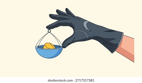 Mano enguantada cuidadosamente sosteniendo una delicada balanza azul que contiene monedas de oro para simbolizar la medición de la riqueza o el valor personal.