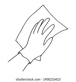 A gloved hand is cleaning the dirt with a rag. Household theme. Element for advertising poster or banner of cleaning services. Vector outline illustration.