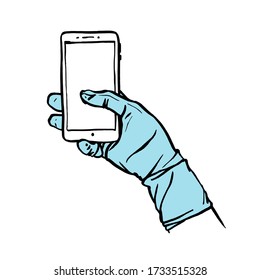 Eine handgemachte Hand mit einem Telefon. Vector handgezeichnete Abbildung auf einem weißen Hintergrund.