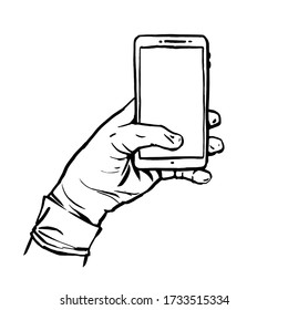 Una mano engullida sosteniendo un teléfono. Ilustración dibujada a mano del vector sobre un fondo blanco.