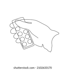 Pastillas para la mano engullidas, arte de una línea, contorno continuo de dibujo.Tratamiento, atención médica.Concepto médico, dosis de fármaco.ictus editable.Aislado.Vector
