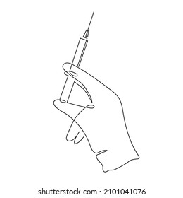 Gloved hand holding syringe, one line art, continuous drawing contour.Coronavirus vaccination, health care injection, treatment,preventive measures.Medical concept,injection dose.Editable stroke.