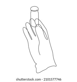 Gloved hand holding test tube,one line art,continuous drawing contour.Laboratory analysis,substance solution,chemical reaction,health care.Medical concept, drug dose.Editable stroke.Isolated.Vector