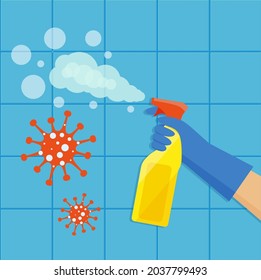 A gloved hand holds a bottle of antiseptic spray. Cleaning service. Disinfection of the coronavirus. Vector illustration in flat style Eps 10