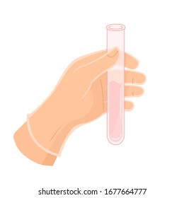 A gloved hand holds a chemical flask. Hand holding a test-tube. Medical test 