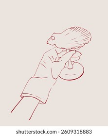 A gloved hand holds a shell-shaped glass. Simple linear drawing in doodle style