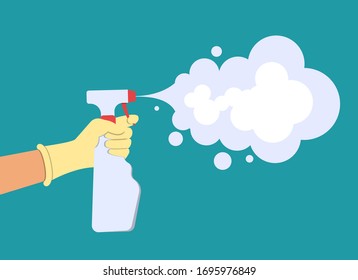 A gloved hand holds a spray bottle. Vector illustration, flat design.
