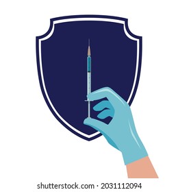 A gloved hand with an insulin syringe on the background of a shield. The concept of vaccination and healthcare. An injection of insulin. Vector illustration isolated on a white background.