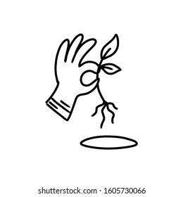 A gloved hand plants a plant. Vector symbol. Icon in the style of Doodle.