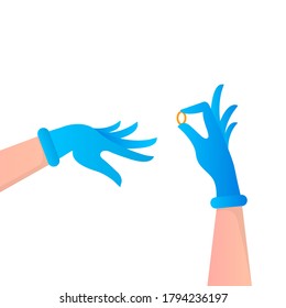 A Gloved Hand Puts A Wedding Ring On The Other Hand With A Rubber Glove. Concept: Wedding During The Coronavirus Pandemic. Vector Illustration, Cartoon Color Design, Isolated On White Background, Eps.