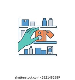 A gloved hand reaches out to select an orange box with a tag from a shelf filled with various items.