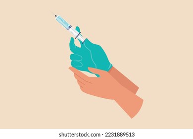 Gloved hand of scientist hold a syringe. Concept of scientist activity in laboratory. Flat vector illustrations isolated on white background.