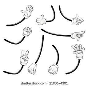 Gloved hand showing various gestures set. Hand in white glove doing ok, thumbs up, high five sign vector illustration