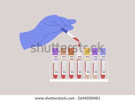 A gloved hand skillfully draws blood from a row of test tubes in a sterile lab environment, showcasing the vibrant colors of various blood test vials designed for analysis