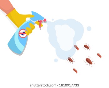 Gloved hand spraying insecticide from a spray bottle. Concept of insect and pest control, Colored vector illustration