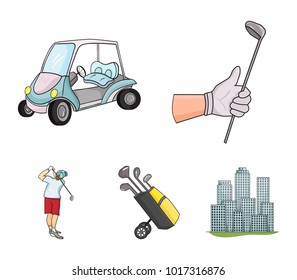 A gloved hand with a stick, a golf cart, a trolley bag with sticks in a bag, a man hammering with a stick. Golf Club set collection icons in cartoon style vector symbol stock illustration web.