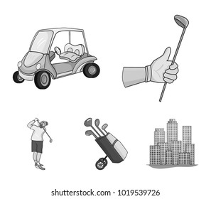 A gloved hand with a stick, a golf cart, a trolley bag with sticks in a bag, a man hammering with a stick. Golf Club set collection icons in monochrome style vector symbol stock illustration web.