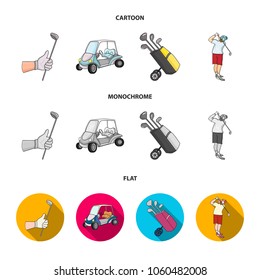 A gloved hand with a stick, a golf cart, a trolley bag with sticks in a bag, a man hammering with a stick. Golf Club set collection icons in cartoon,flat,monochrome style vector symbol stock