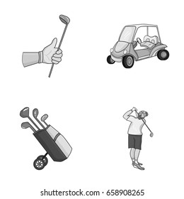 A gloved hand with a stick, a golf cart, a trolley bag with sticks in a bag, a man hammering with a stick. Golf Club set collection icons in monochrome style vector symbol stock illustration web.