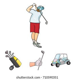 A gloved hand with a stick, a golf cart, a trolley bag with sticks in a bag, a man hammering with a stick. Golf Club set collection icons in cartoon style vector symbol stock illustration web.