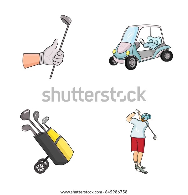 A\
gloved hand with a stick, a golf cart, a trolley bag with sticks in\
a bag, a man hammering with a stick. Golf Club set collection icons\
in cartoon style vector symbol stock illustration\
web.