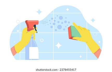 With gloved hands and cloth, clean tile surface with detergent. Cleaning service banner. Sponge with foam, housekeeping and household process, cartoon flat style isolated vector concept