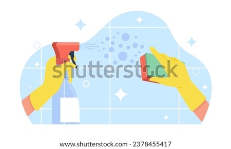 With gloved hands and cloth, clean tile surface with detergent. Cleaning service banner. Sponge with foam, housekeeping and household process, cartoon flat style isolated vector concept