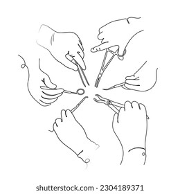 Gloved hands of dentists hold dental therapeutic, surgical and care tools. Line art. Dental health care. Stomatology concept. Vector illustration.