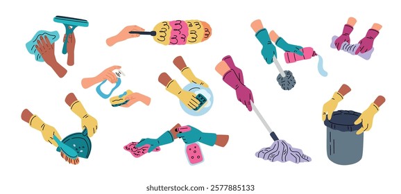 Gloved hands doing household chores. Cleaning and dusting process. Sponge and squeegee. Sanitary disinfection. Antiseptic detergent. Arms sweeping and wiping dishes